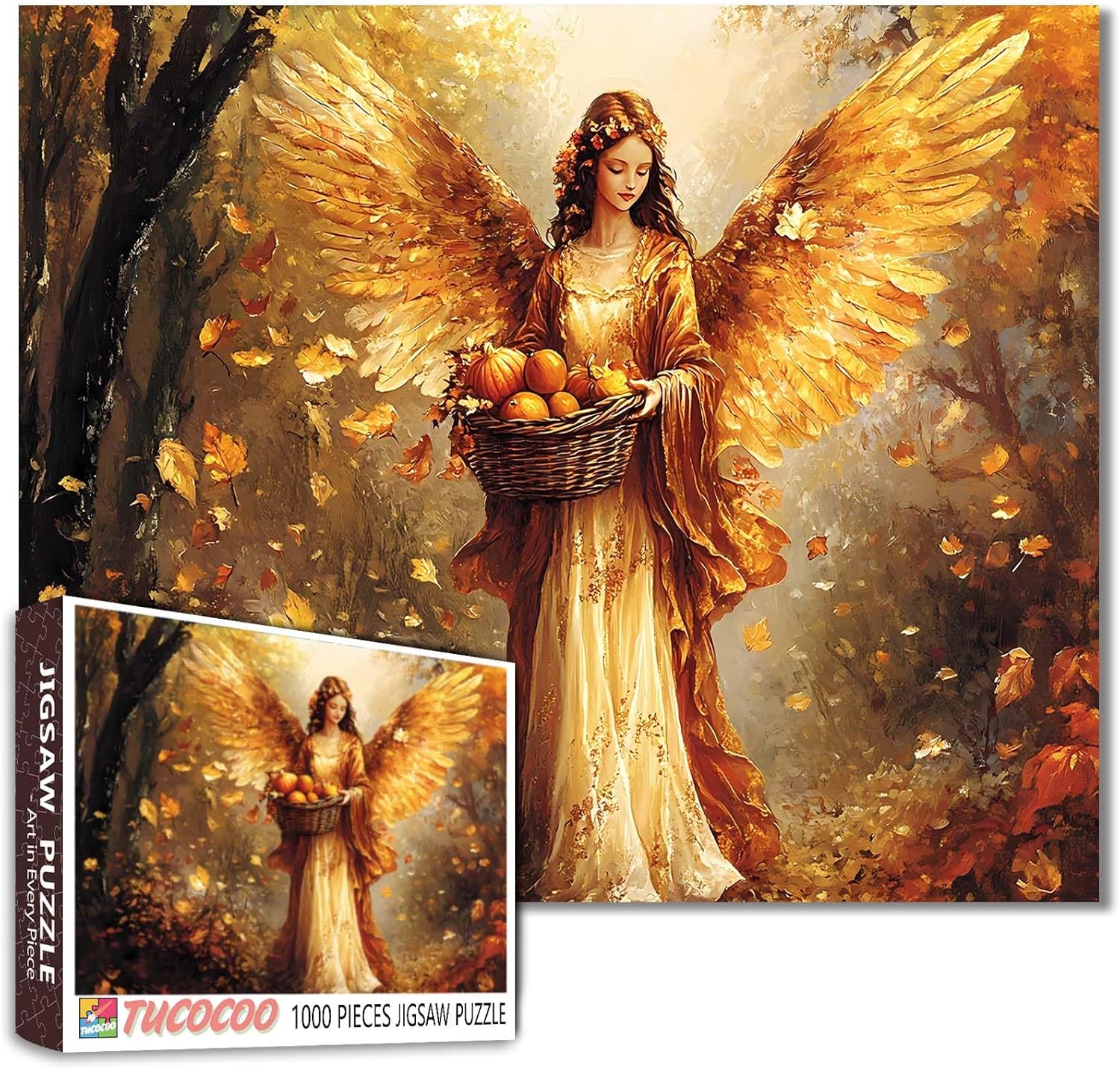 Tucocoo Fall Angel 1000 Piece Jigsaw Puzzle, Autumn Forest Leaves Golden Women Art, Puzzles for Adults, Family Activity Games, DIY Craft, Home Wall Decor Gifts