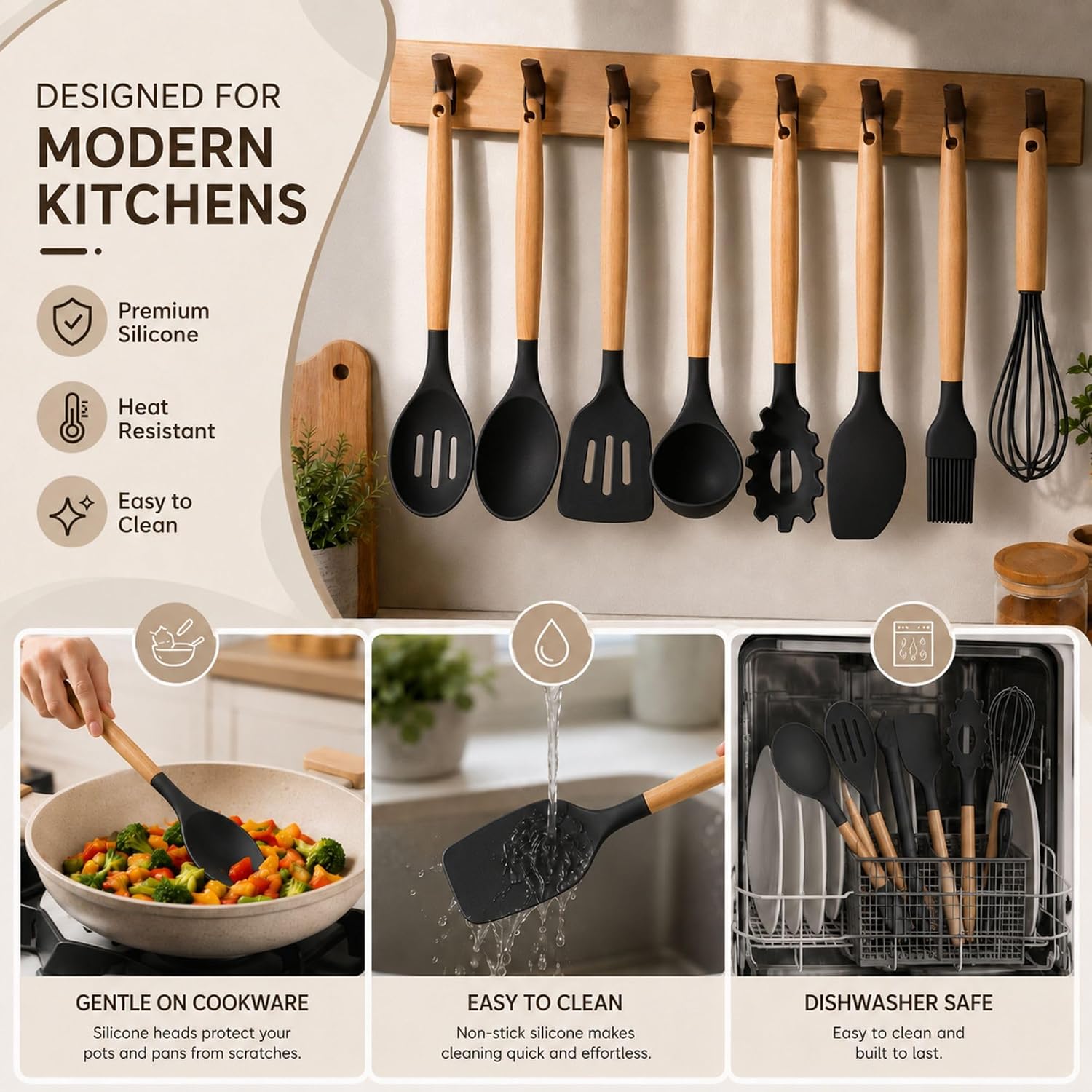 Silicone Cooking Utensils Set (12 PCS), Heat Resistant 446°F, Non-Stick Kitchen Tools with Wooden Handles – BPA Free, Durable, Dishwasher Safe, (Black)