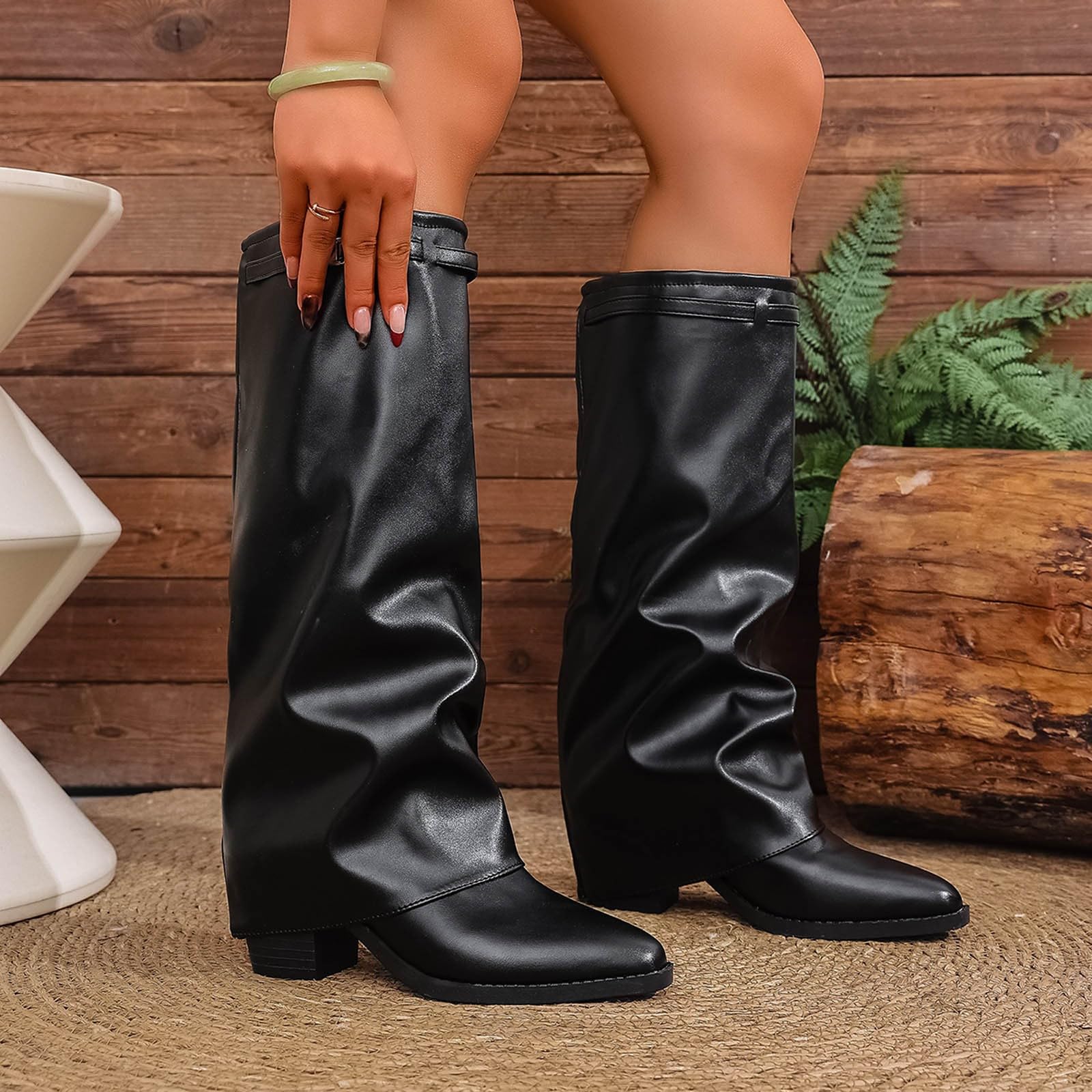 Generisch Overknees Stiefel Damen: Kniehohe Fold Over Boots Damenstiefel Weitschaftstiefel Slouchy Hohe Stiefeletten Overknee Stiefels Mit Absatz Retro Knee High Boot Langschaftstiefel