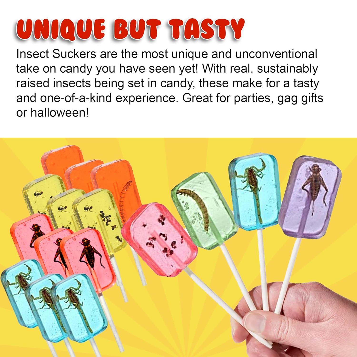 HotLix Insect Lollipops (16-Pack) | Includes Scorpions, Worms, Ants, Crickets | Bug Candy Individually Wrapped | Exotic Snacks for Humans | Bug Lollipops with Real Edible Insects | Candy Suckers Pack