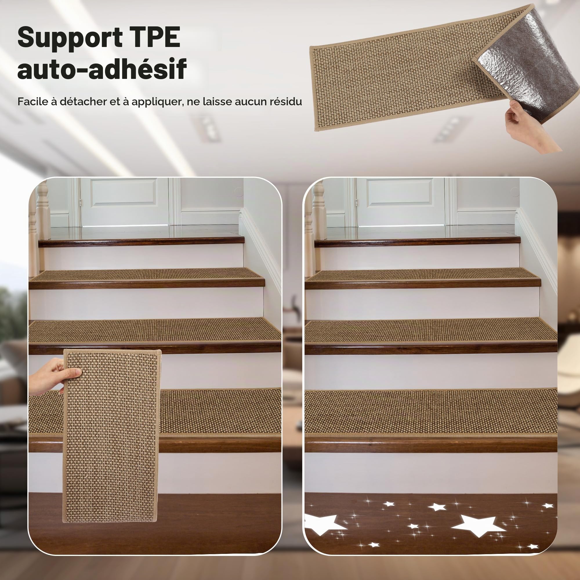 Marchettes d'Escalier, 20cm*76cm 15PCS, Anti Derapant Tapis, Moquette Escalier, Moquette Autocollante, Tapis d'Intérieur Antidérapant, avec Adhésif Réutilisable, Beige