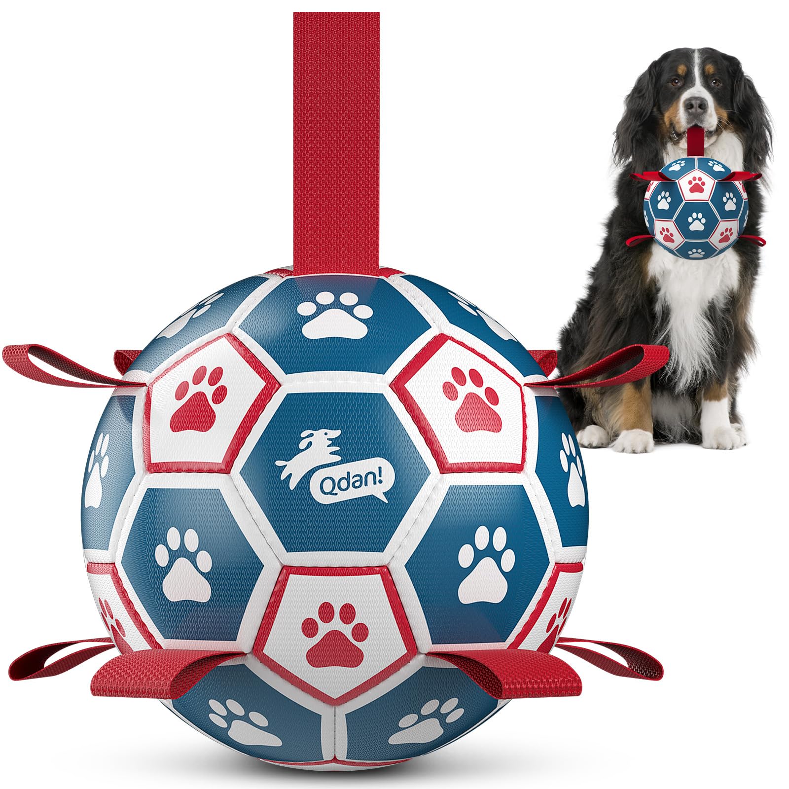 QDAN Extra Large Soccer Ball with Straps, Interactive Dog Toys for Tug of War, Puppy Birthday & Water Toy, Large Dog Balls - Blue & Red (9 Inch)