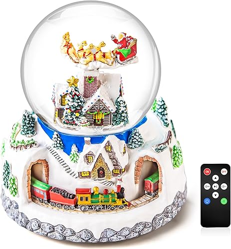 Mr.Winder Papá Noel musical giratorio con purpurina de tren en la aldea, caja de música de Navidad, globo de nieve, regalo para mujeres, esposa,