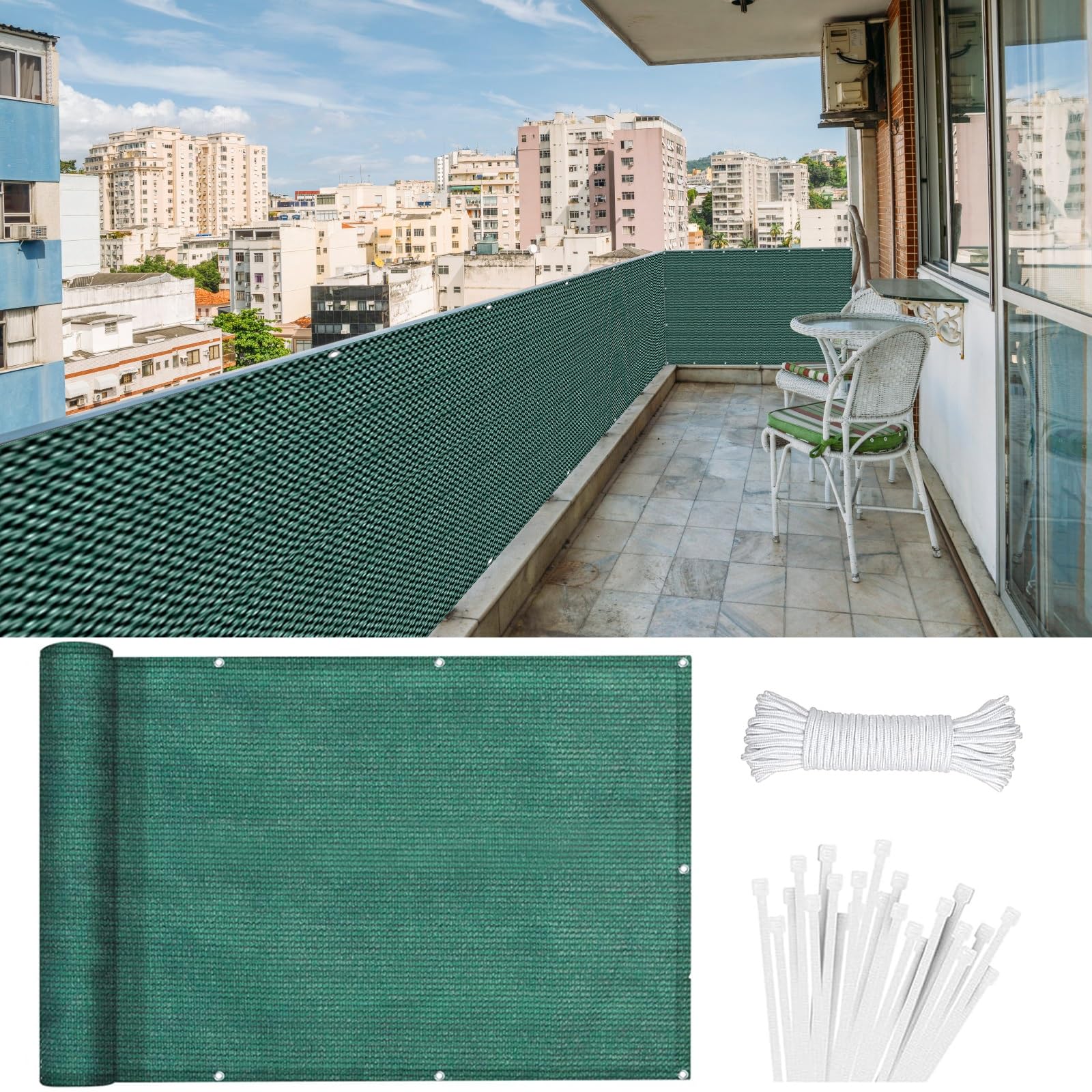 Osłona Balkonowa HDPE 70 x 800 cm 95% Ochrony Uv, Przeciwko Podglądaniu, Odporny Na Wiatr, Osłona Prywatności Na Balustradę Balkonową Do Zewnętrznego Tarasu, Ciemnozielony