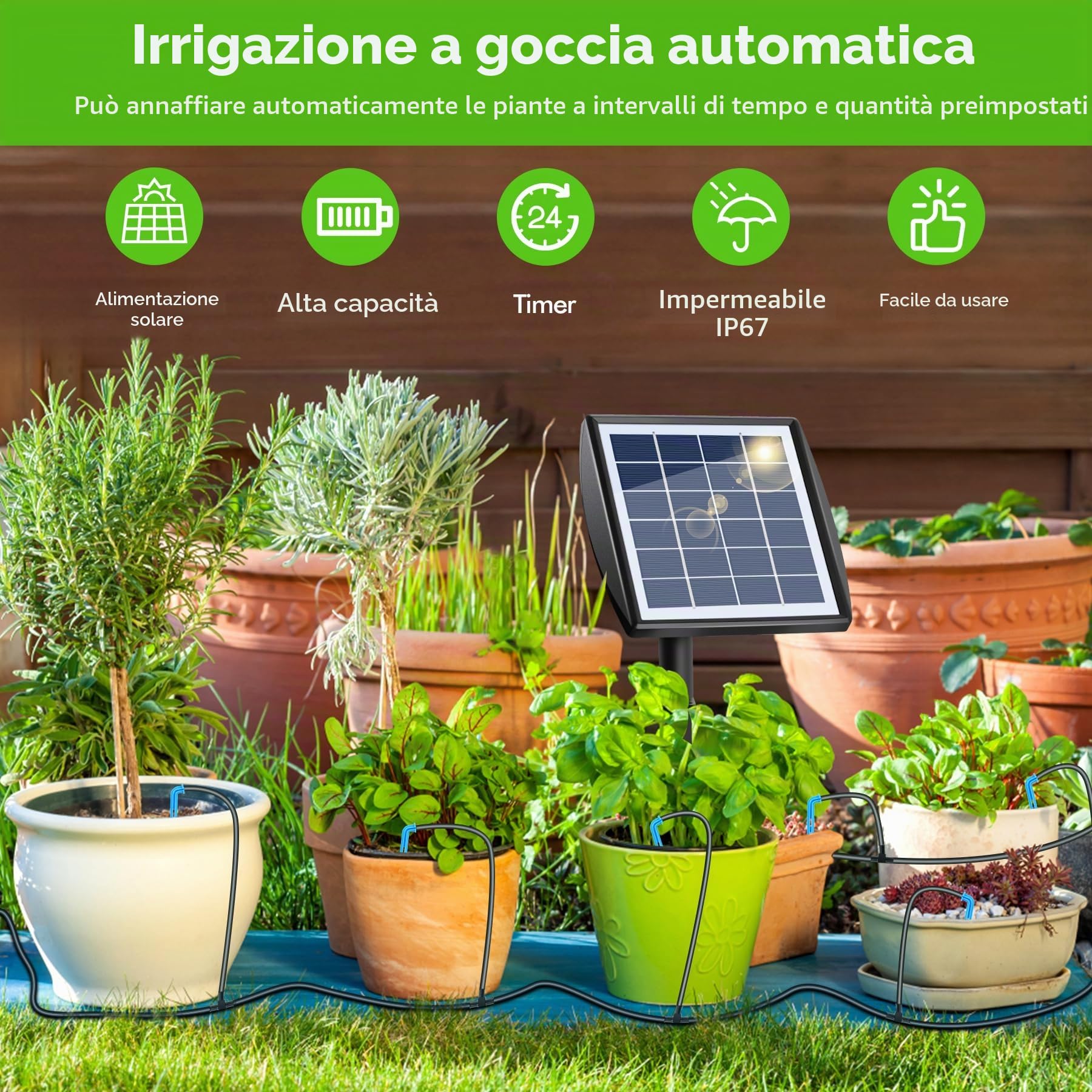 Forever Speed Sistema di irrigazione solare automatico con sensore d'acqua, attrezzatura per l'auto-irrigazione con timer, tubo da 15 m per piante da giardino e balcone