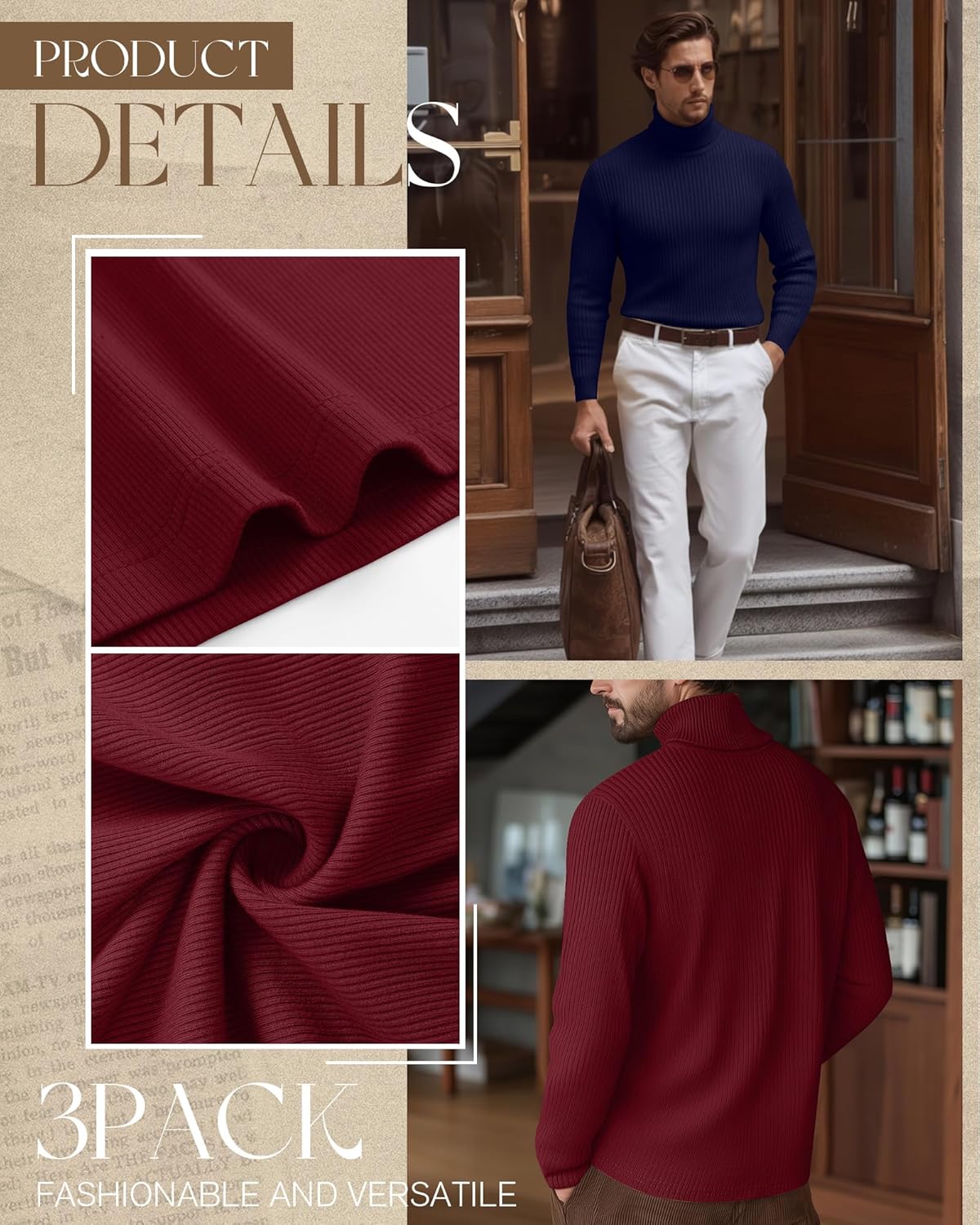 3 Pack Men's Big and Tall Ribbed Turtleneck Shirts, Long Sleeve Cotton Pullover Sweaters Mock Neck Slim Fit Tee Tops