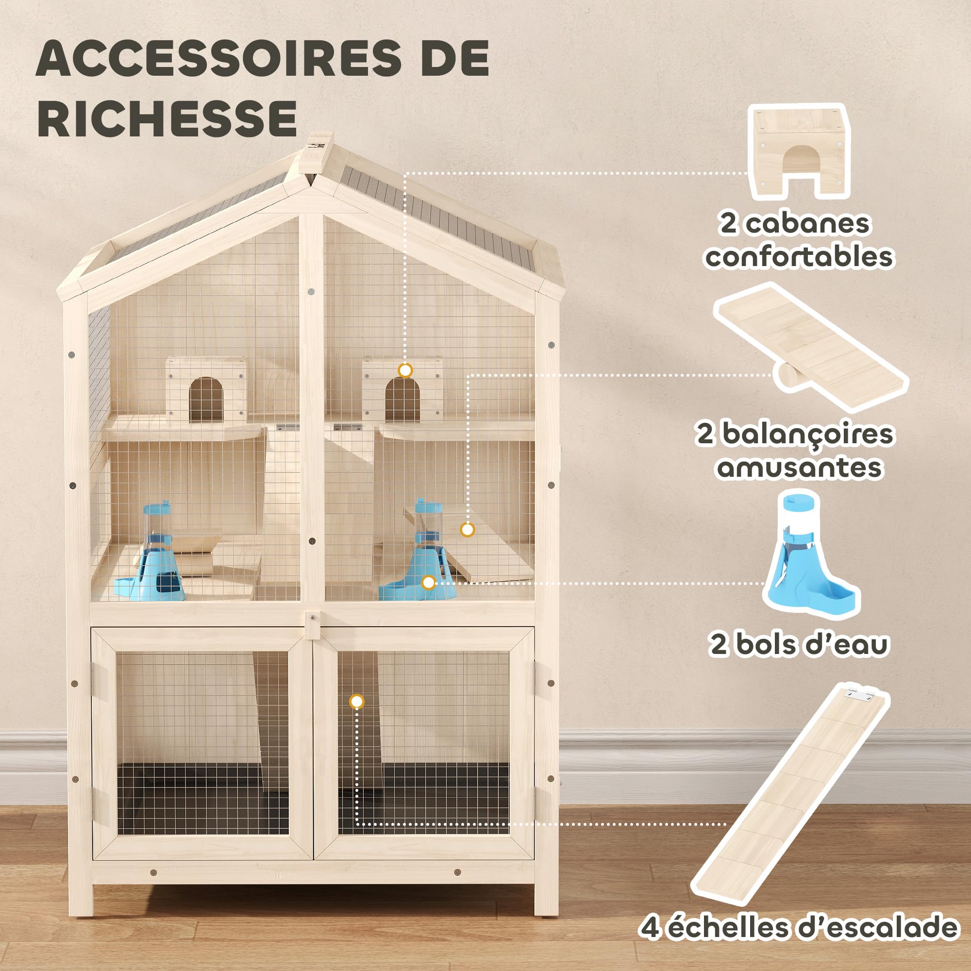 Pawhut Criceto a 3 piani in legno, vassoio rimovibile, 68 x 61,5 x 90 cm, naturale | Habitat per roditori, dondolo, bottiglia d'acqua, finestra, capanna, coperchio apribile, per piccoli animali