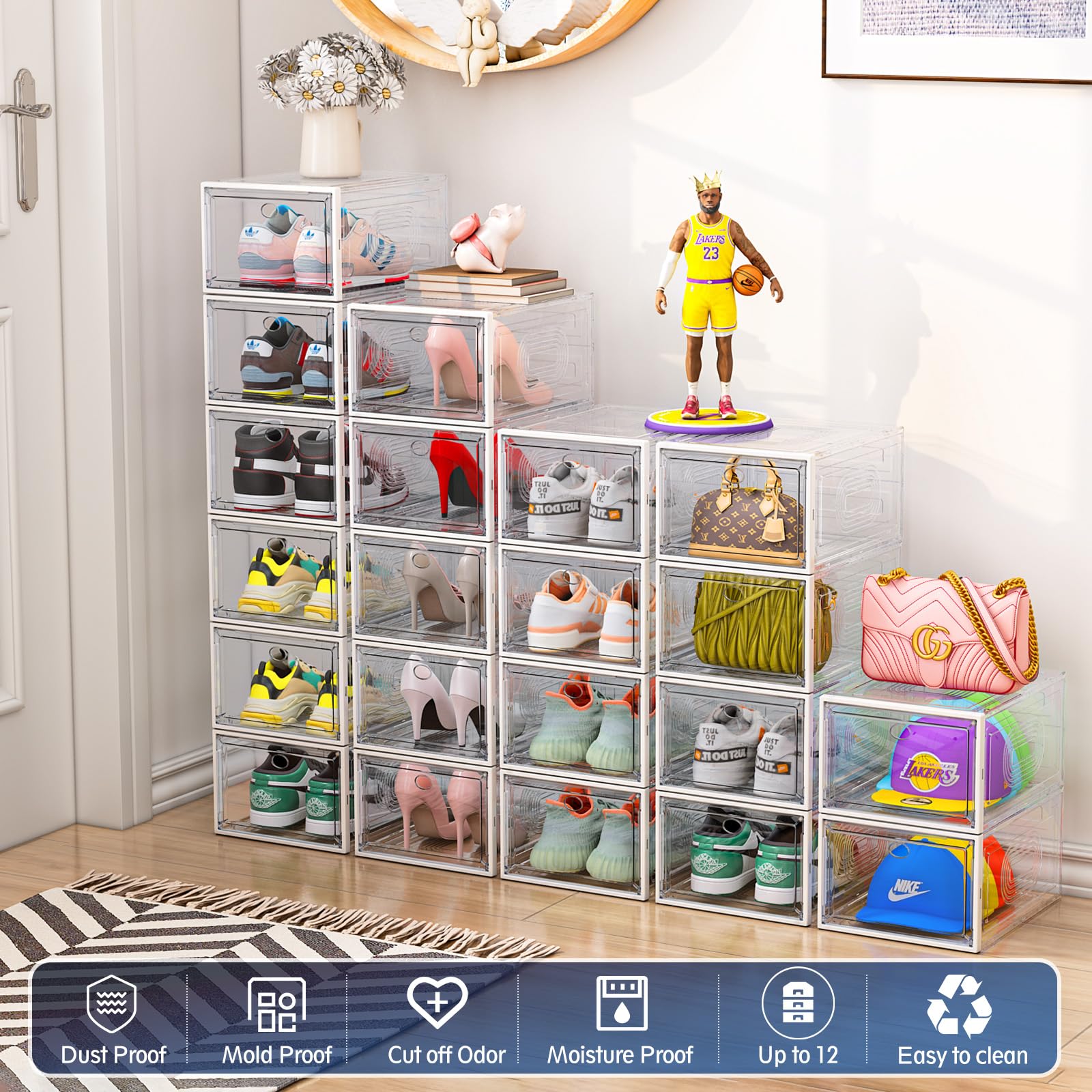 YFXCVSL 10 Pack Shoe Organizer, Upgrade Sturdy Shoe Boxes Stackable Shoe Storage Containers with Magnetic Door, Thicken Sneaker Storage Fit up to US Size 12, White