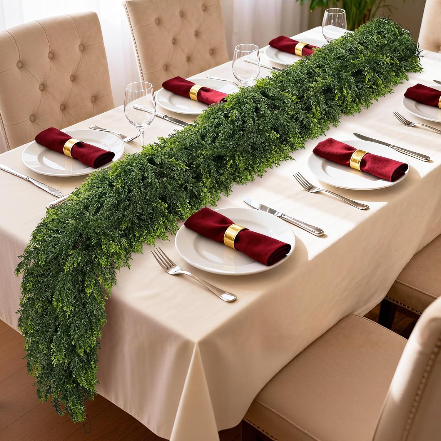 Realistic Cedar Garland for Mantle, 6FT Thicken Real Touch Greenery Cypress Garland for All Year, Faux Artificial Cedar Pine Garlands for Table Indoor Outdoor Spring Decoration - Image 2