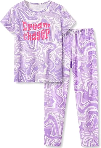 Beezizac Conjunto de pijama de algodón para niñas pequeñas y grandes, conjunto de manga corta, 2 piezas, talla 4T-18