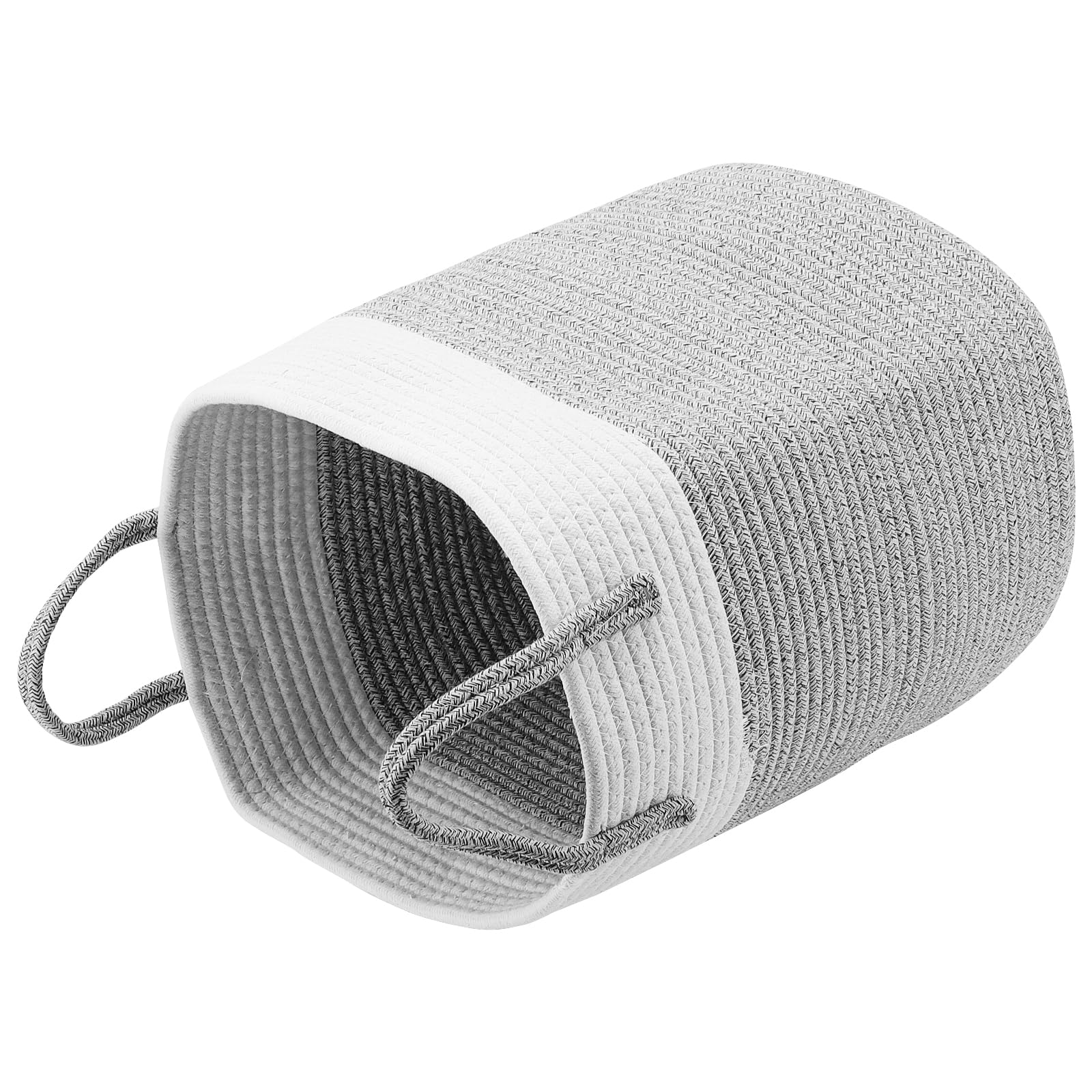 Cesto in cotone con manico, 33 x 33 x 43 cm, cesto portaoggetti rotondo in tessuto, cesto portabiancheria intrecciato con patchwork grigio in corda di cotone per asciugamani, pannolini,