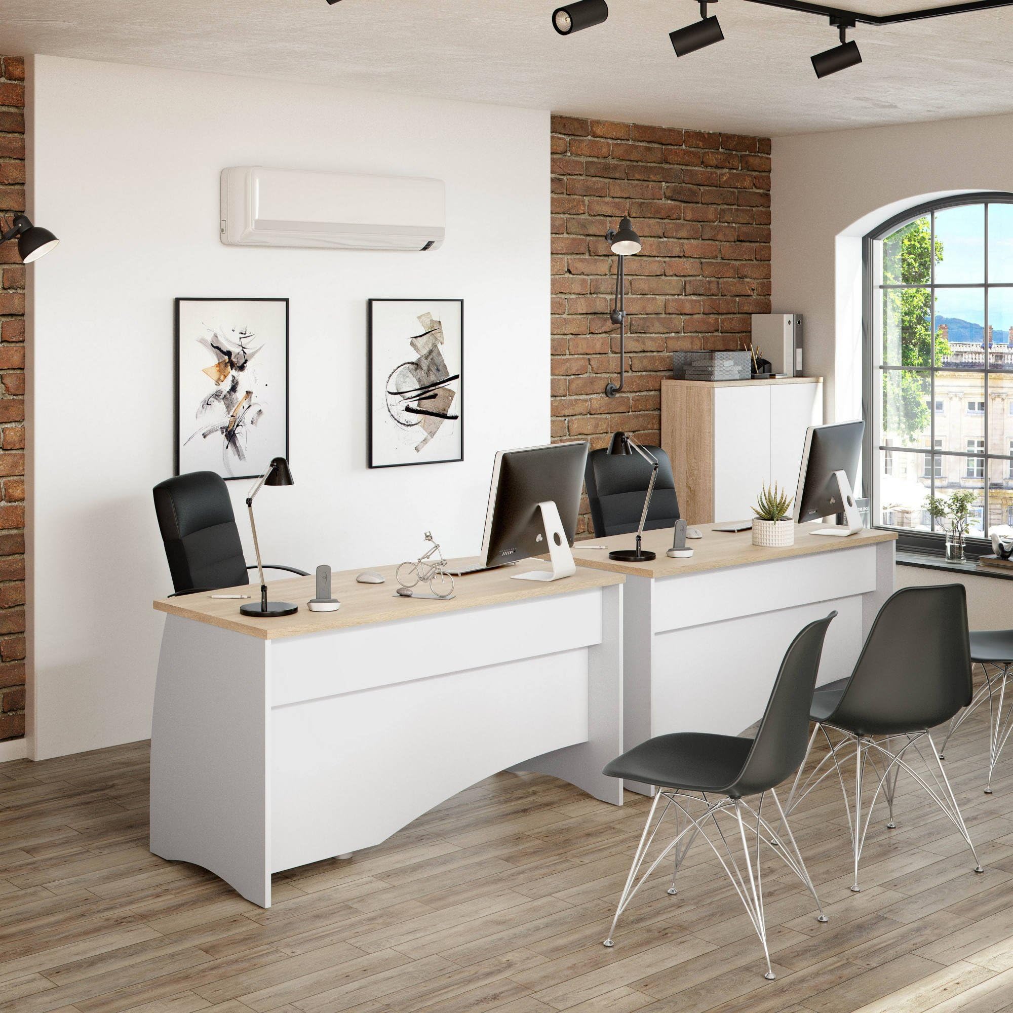 Dmora - Scrivania Carrollton, Scrittoio da ufficio, Tavolo da studio porta PC con 3 cassetti, 136x67h74 cm, Bianco e Rovere