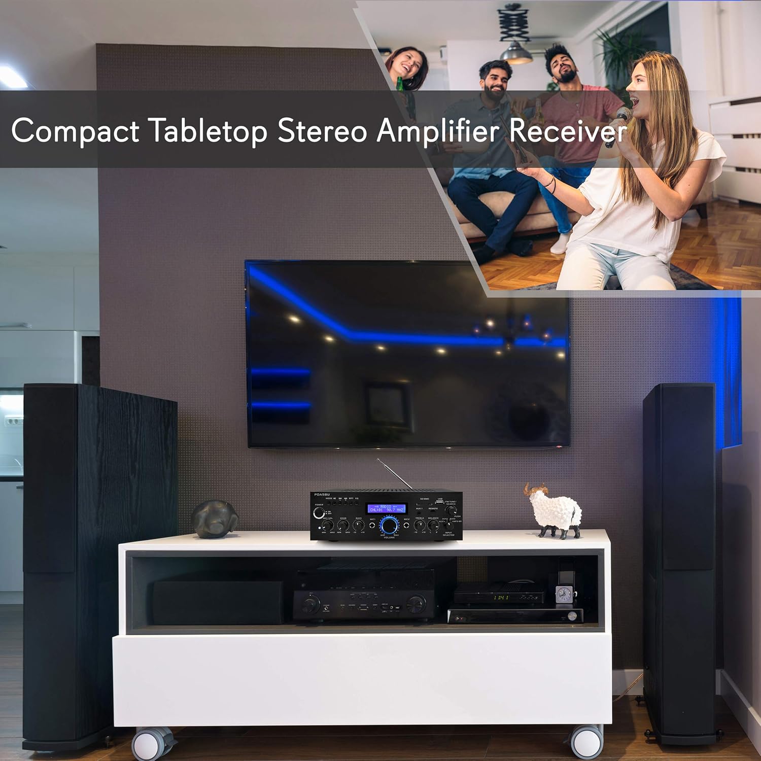 Pyle Wireless Bluetooth Home Power Amplifier - 200 Watt Audio Stereo Receiver w/USB Port, AUX in, FM Radio, 2 Karaoke Microphone Input, Remote - Home Entertainment System - Pyle PDA5BU.5