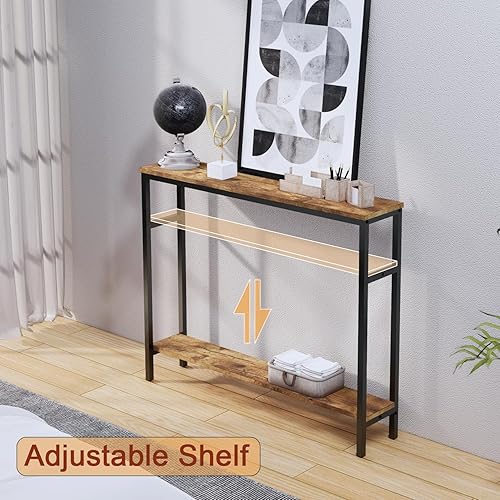 Miniatura 4 de Mesa consola estrecha, mesa de sofá de 39.4 pulgadas con estante ajustable, mesa larga delgada de 2 niveles para pasillo, entrada, sala de estar,