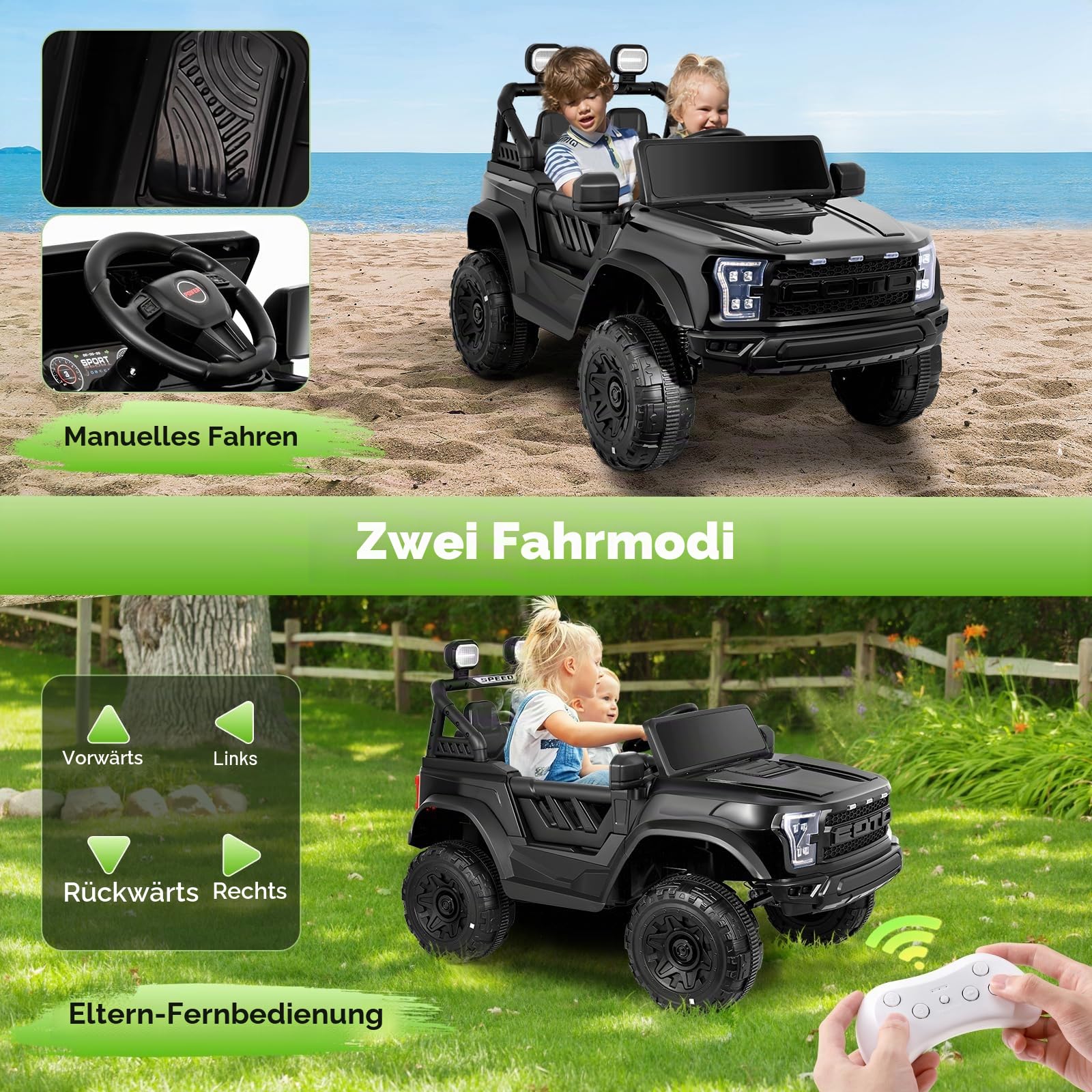 Elektroauto für Kinder, 12 V, mit Fernbedienung, 2,4 G, maximale Tragfähigkeit 50 kg, Fahrzeuge mit LED-Lichtern, Musik, Hupe, USB-Funktionen (Schwarz – Doppelsitz)