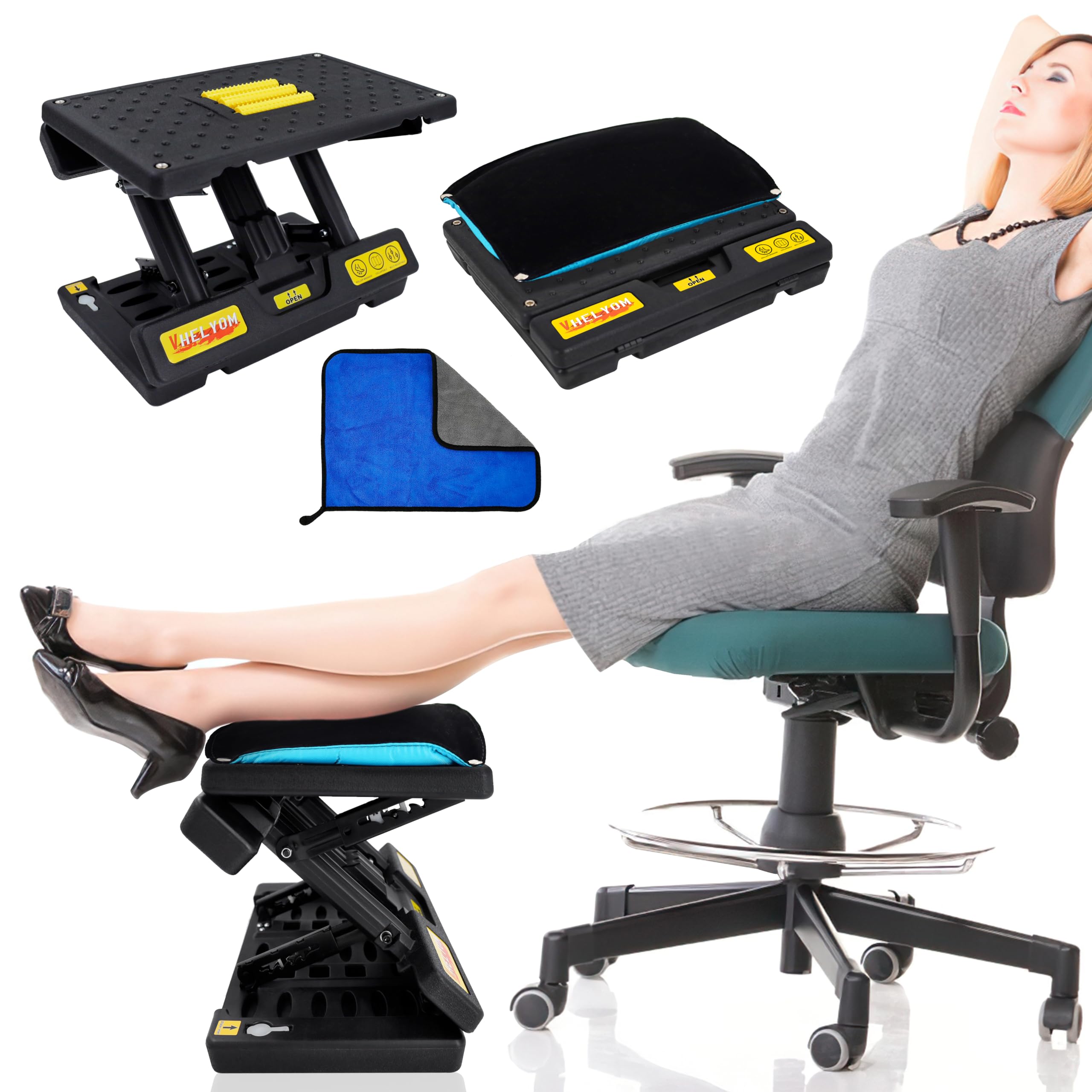 Vhelyom Footrest for Under Desk, Height Adjustable Footrest with Massage Roller and Thick Cushion, Foldable Ergonomic Foot Rest for Car, Office, Home, Train