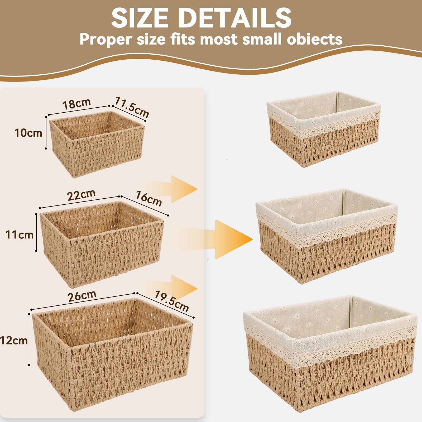 3 Paniers de Rangement Tressés, Panier Osier Empilable, Panier de Rangement pour Jouets, avec Doublure Amovible, pour la Maison, le Bureau, la Salle de Bain et la Chambre(Beige, L+M+S)