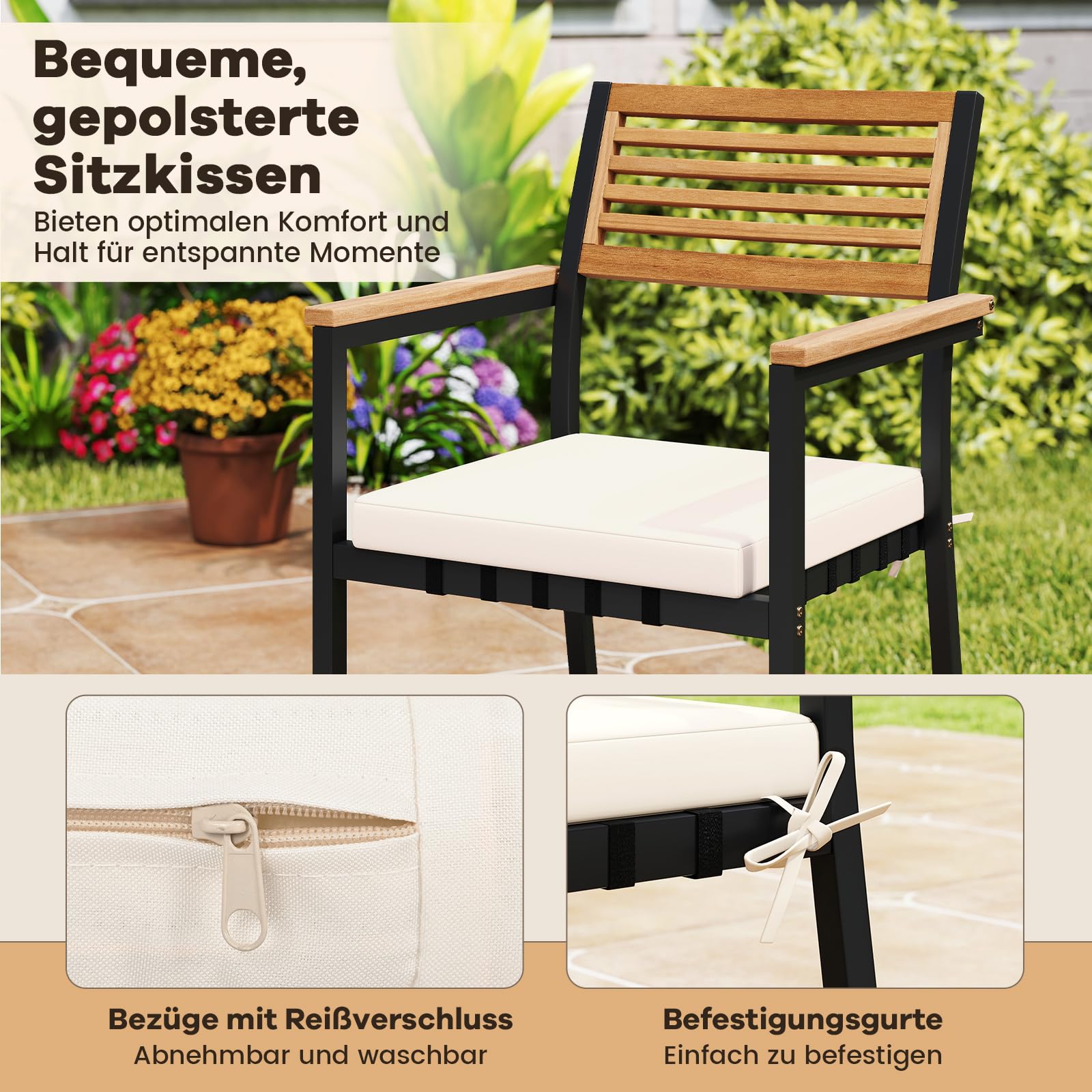 COSTWAY Gartenmöbel Set, Terrassenmöbel inkl. Gartentisch mit Schirmloch, Sitzbank & 2 stapelbare Gartenstühle mit Kissen, Sitzgruppe für 4 Personen, Gartengarnitur, Sitzgarnitur, Outdoor Essgruppe
