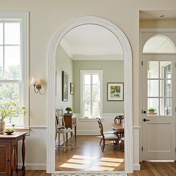 Antok Full Length Mirror 7641 Floor Mirror Standing Tall Mirror, Arched Stand up Large Wall Mirrors, Freestanding Full Body Mirrors for Bedroom Living Room Wood Vintage Style White