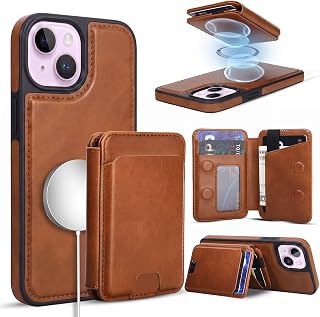 Magnetic Detachable Wallet Case for iPhone 15 with Kickstand,2-in-1 MagSafe Compatible RFID Blocking Card Holder,Slim PU Leather Cover Brown