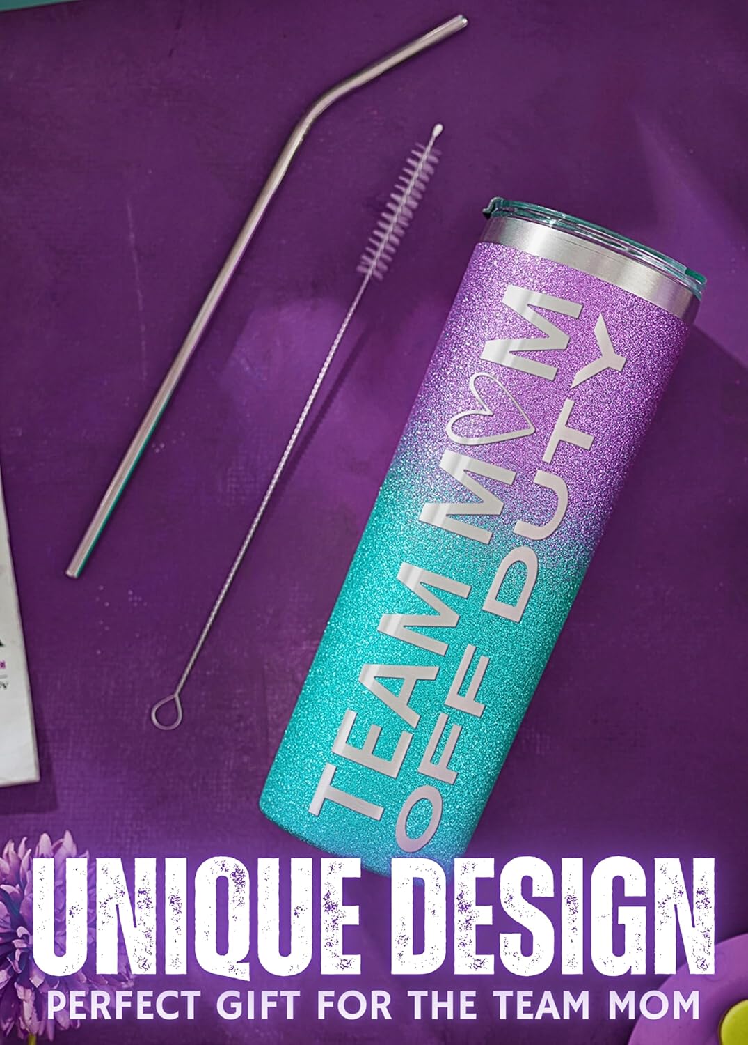 Onebttl Team Mom Gifts for Women, 20oz Skinny Tumblers, Mom Gifts - Base Ball & Soccer, Blue and Purple, Off Duty - Image 2