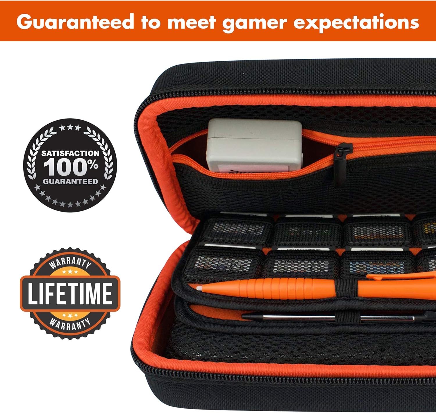 Hard Shell Carrying Case - Compatible with Nintendo 3DS XL and 2DS XL - Fits 16 Game Cards and Wall Charger - Includes Removable Accessories Pouch and Extra Large Stylus Orange