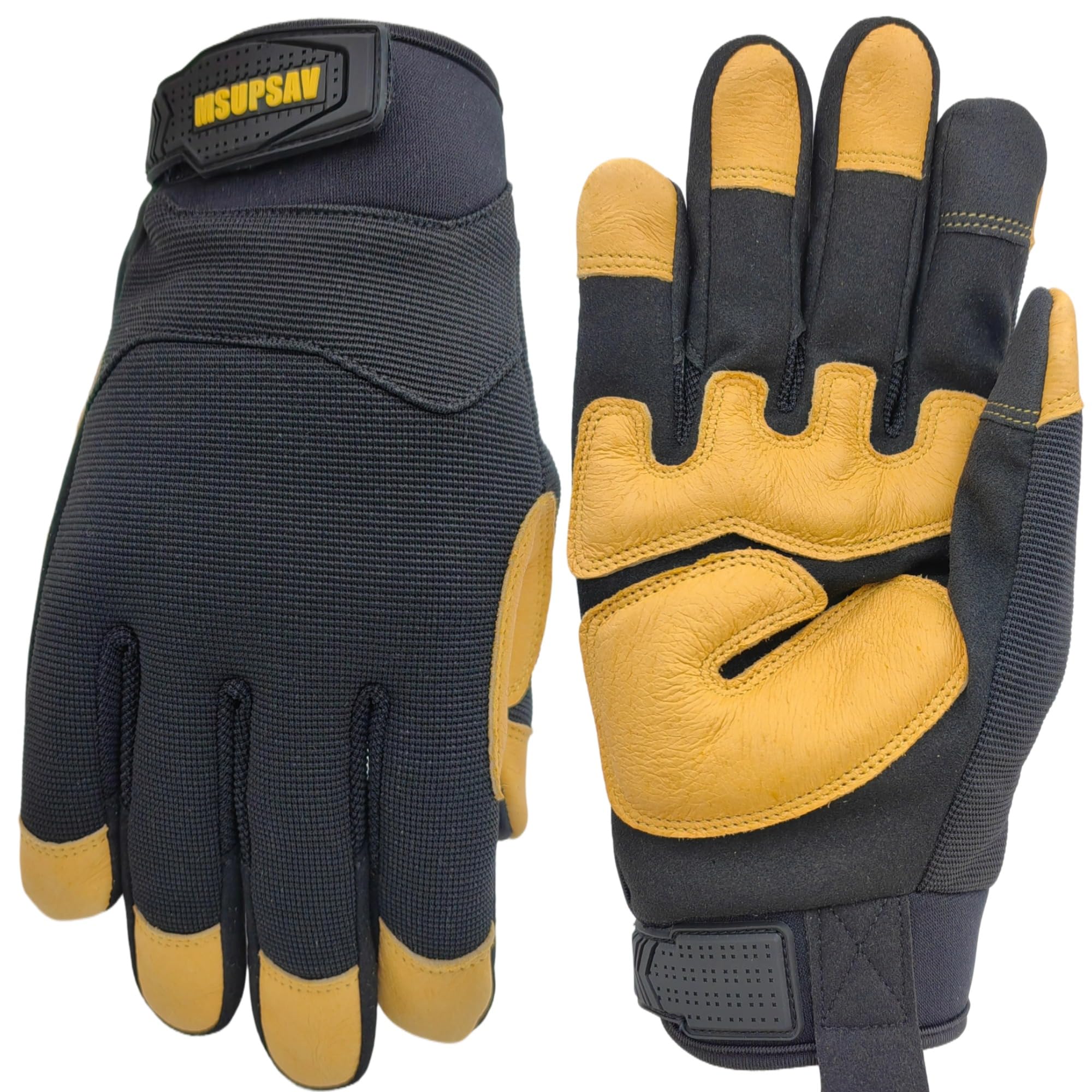 MSUPSAV All-Purpose Work Gloves,Performance Fit Mechanics Glove,Grain Leather Knuckles Working Glove,Durable,Black+Yellow,Medium
