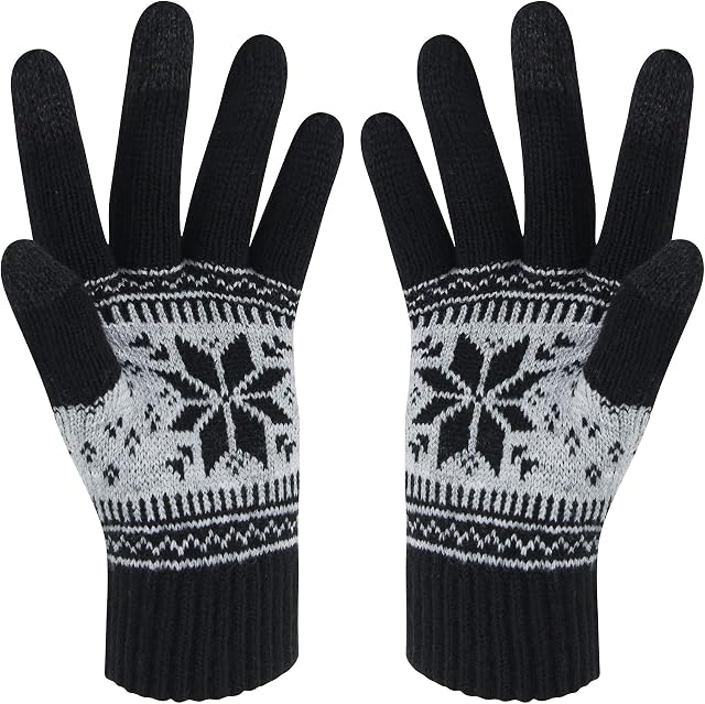 VENI MASEE Winter Touch Screen Gloves Snow Flower Printing Keep Warm for Women and Men