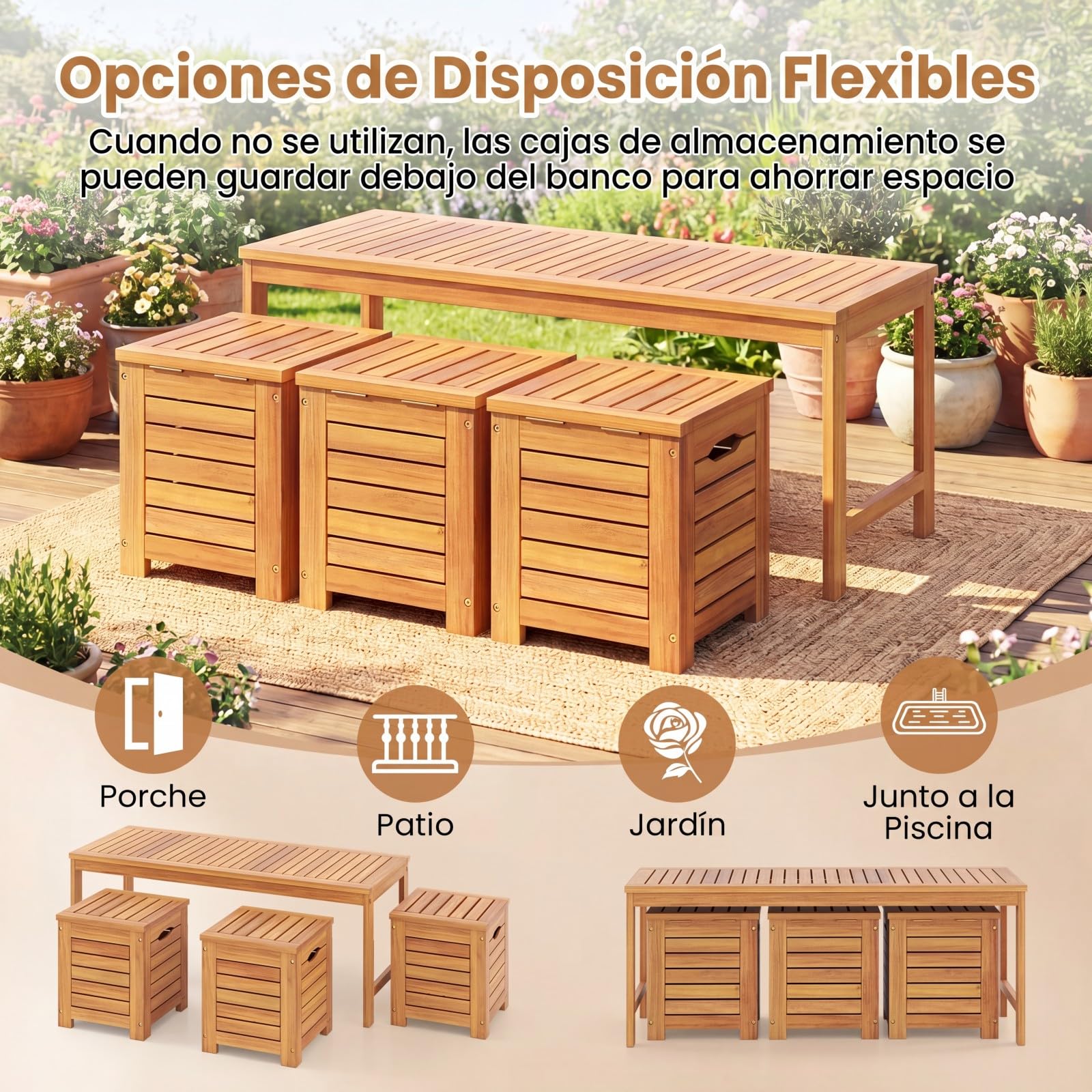 COSTWAY Banco Jardín de Madera Acacia con 3 Cajas de Almacenamiento, Banco Exterior sin Respaldo con Listones, Cajas de Tapa, Terraza Porche Balcón Piscina, 115 x 45 x 46 cm