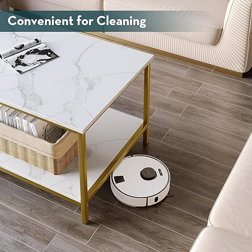 Miniatura 5 de SAYGOER Mesa de centro moderna de 2 niveles para sala de estar, mesas de centro de oro blanco, mesa rectangular industrial de madera para espacios