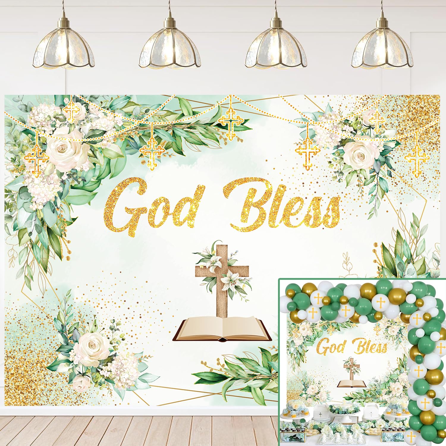 Greenery God Bless Backdrop First Holy Communion Baptism Background Sage Green Eucalyptus God Bless Photography Background Christening Newborn Baby