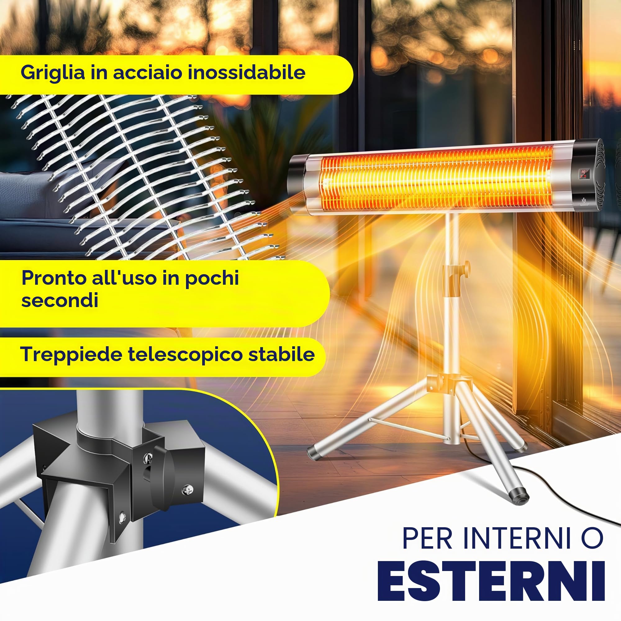 Kesser® Radiatore a raggi infrarossi Riscaldatore a raggi infrarossi Radiatore per terrazza 2500W con telecomando incluso, con custodia protettiva, altezza regolabile, supporto telescopico, Radiatore