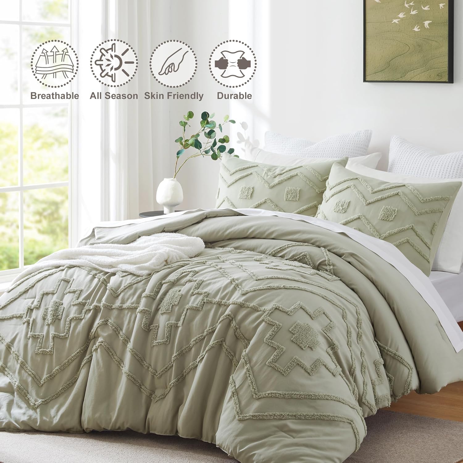 Oli Anderson Boho Tufted Comforter Set Queen Size, 3 Pcs Soft Jacquard Bedding Set for All Seasons, Shabby Chic Farmhouse Bedding Set with Comforters for All Seasons (Mist Sage, Queen) - Image 2