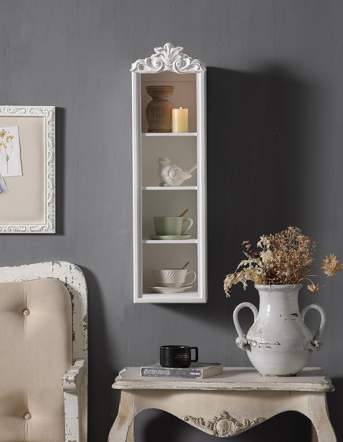 SOFE Vintage White Wall Mount Cabinet 4 Tier with Ornate Crown Top, 32 Inches Tall Small Bookcase, Hanging Rectangular Storage Unit for Living Room, Bathroom