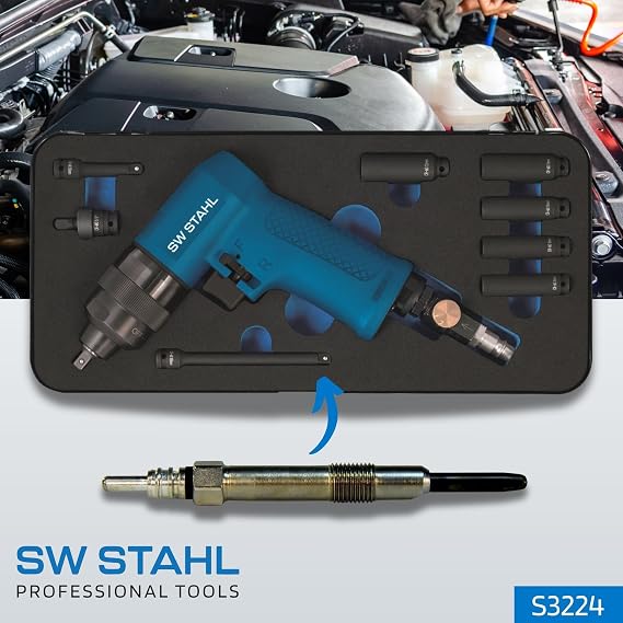 SW-Stahl vibrating pneumatic impact wrench 8 piece 1/4 inch (6.3 mm) S3224 9 pieces - vibration pulses against corrosion - 20-40 Nm torque - includes impact wrench nuts joint and extension