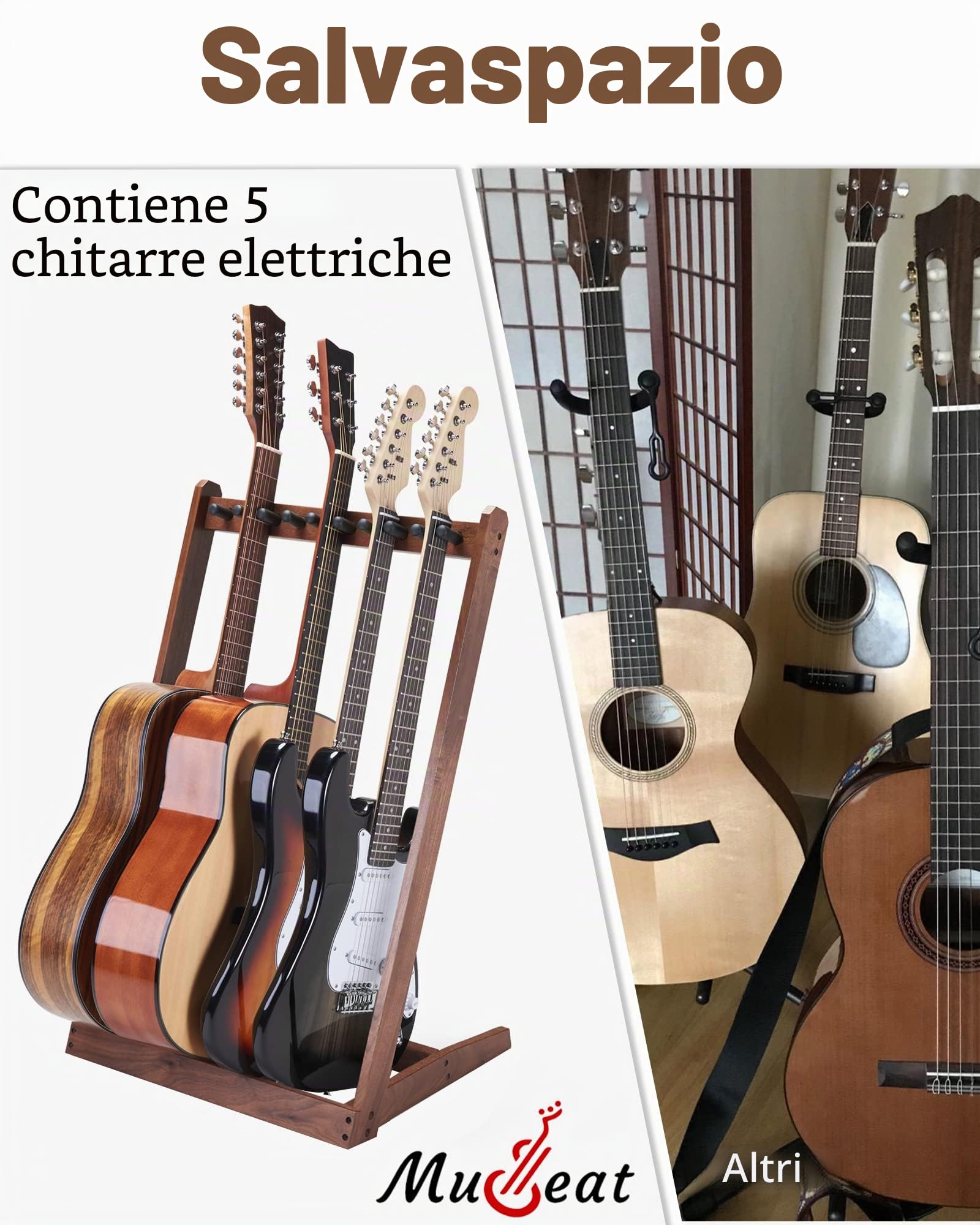 Supporto per chitarra multipla in legno duro (3 chitarre acustiche, 5 elettriche o basse), 5 supporti per chitarra da uomo, pieghevole, da pavimento, per studio e casa