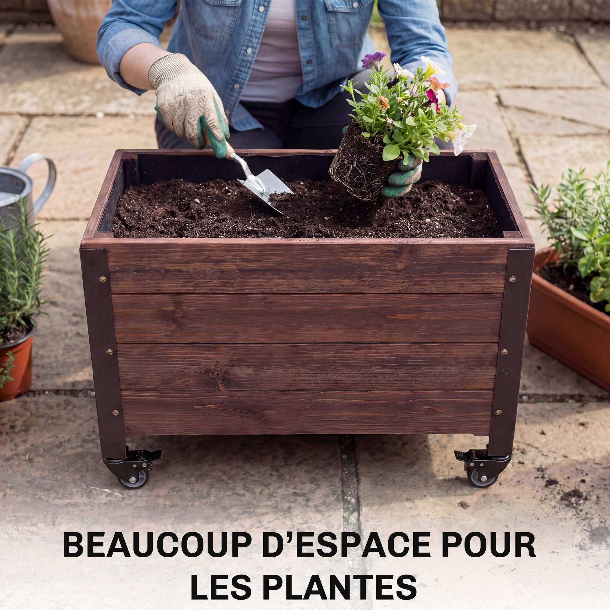 Outsunny Jardinière surélevée en Bois avec Roues, carré Potager de Jardin rectangulaire, Pot de Fleurs extérieur pour Herbes aromatiques et légumes, 60 x 30 x 41 cm, Marron