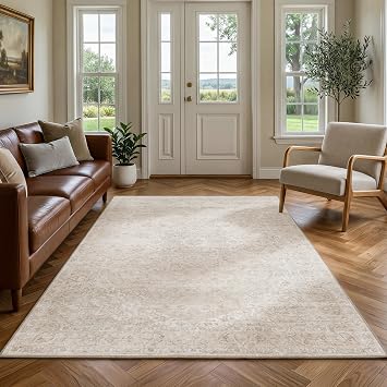 Beauoop Washable Area Rug Beige Neutral 160x230 cm Vintage Non Slip Low Pile Distressed Traditional Indoor Carpet for Living Room Bedroom Soft Retro Thin Rug for Dining Office Kitchen Dorm Entryway