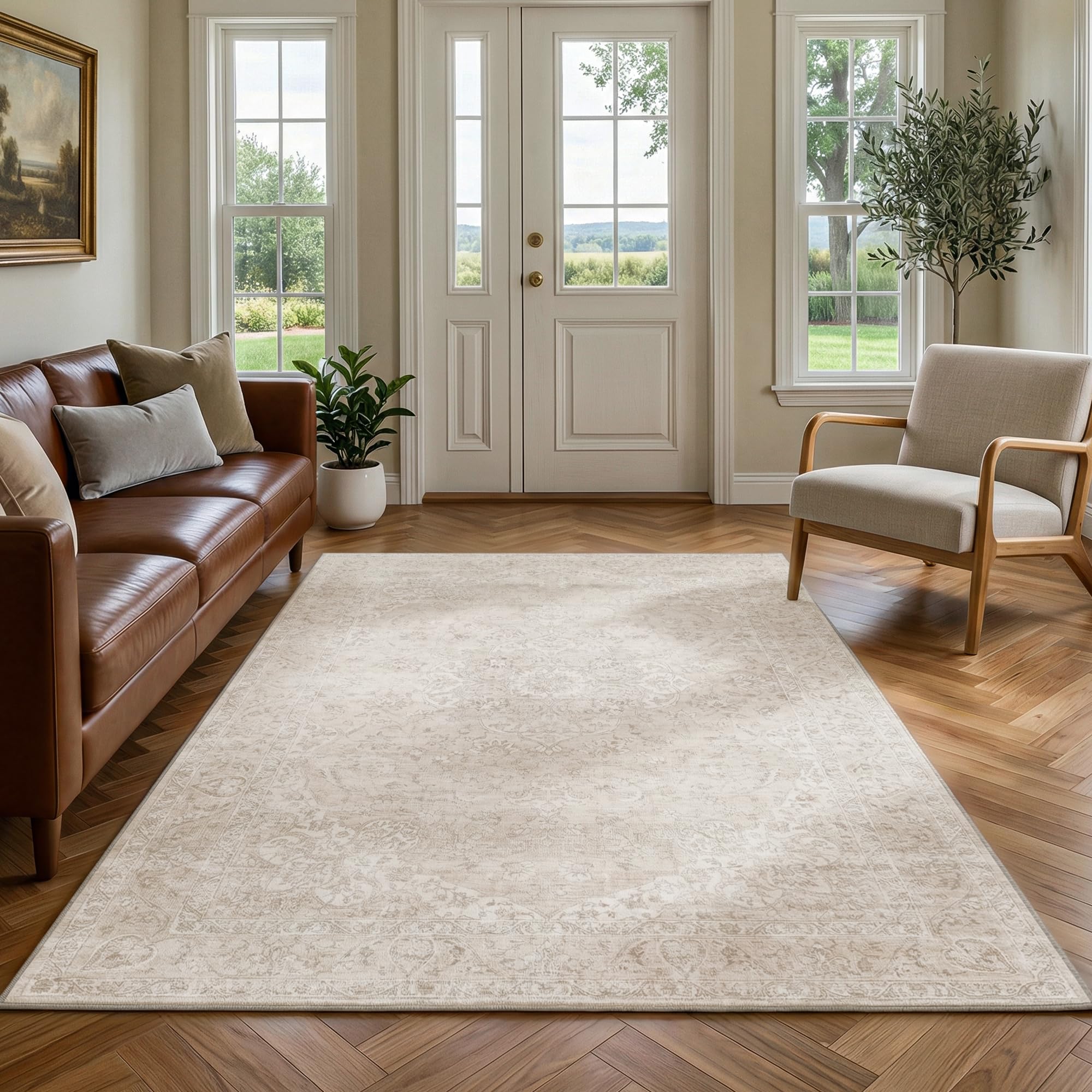 Beauoop Washable Area Rug Beige Neutral 160x230 cm Vintage Non Slip Low Pile Distressed Traditional Indoor Carpet for Living Room Bedroom Soft Retro Thin Rug for Dining Office Kitchen Dorm Entryway
