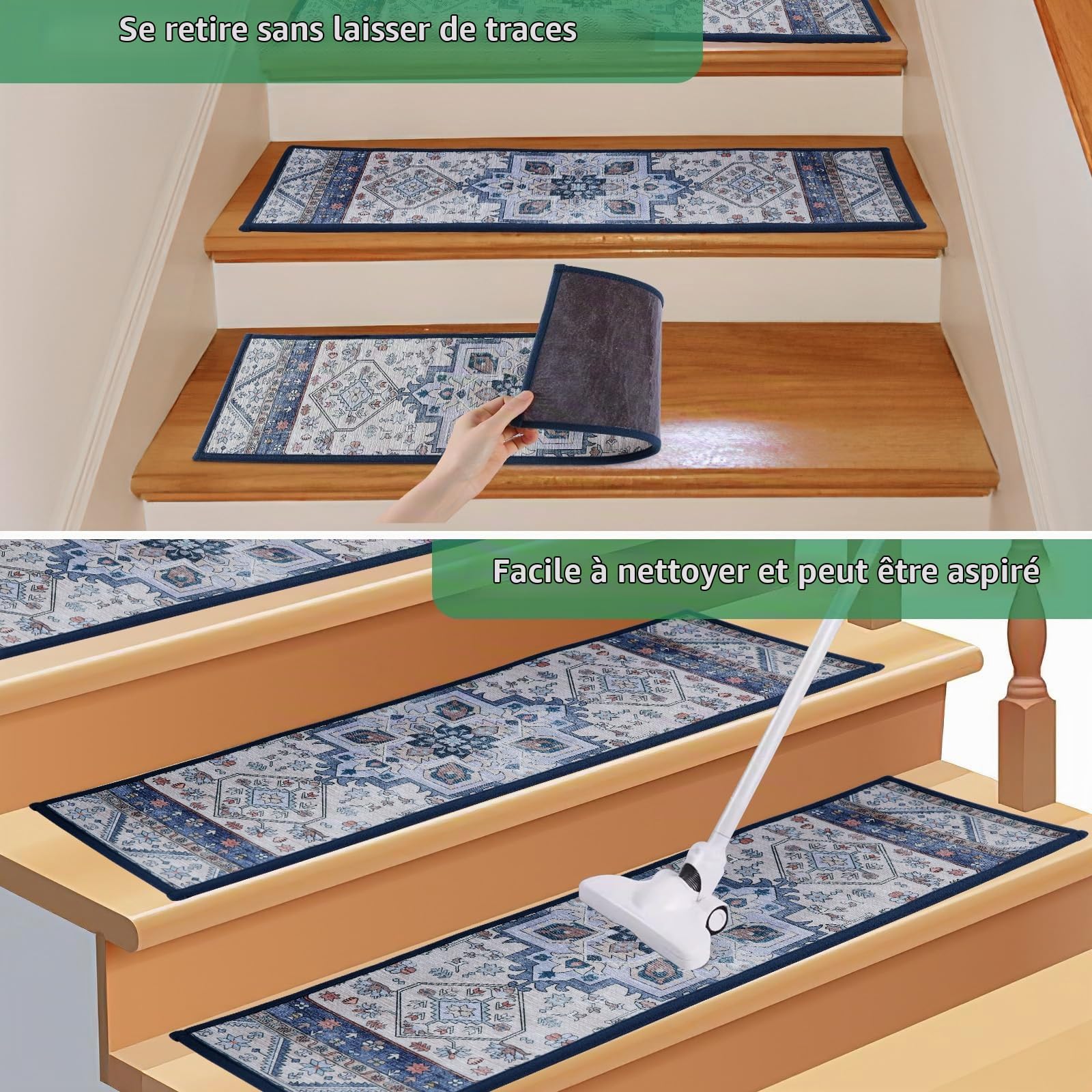 YISUN Tapis Escalier Marche Lot 15 Antidérapant Surface Adhésif 20 x 65cm pour Enfants âgées Chiens (Fleur Bleu)