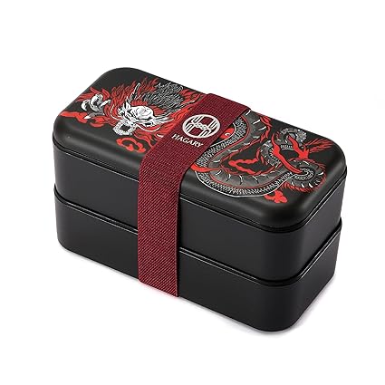 Hagary Dragon Bento Box 2 Tier Japanese Lunch Box with Spoon and Fork Stackable Leak-Proof with Movable Partition Lunch Containers Scratch Proof 800ml