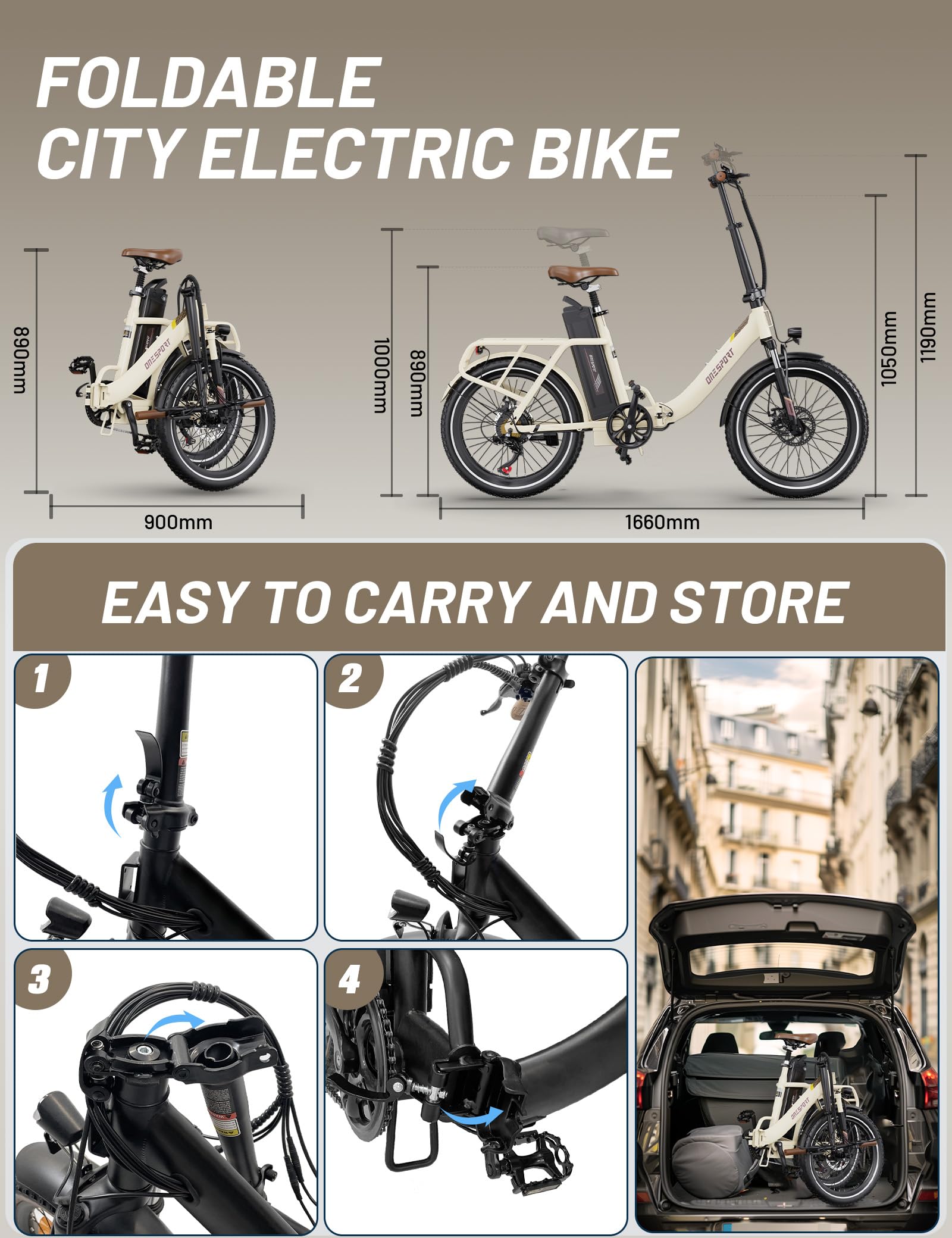 ONESPORT OT16-2 Bici Elettrica Pieghevole, 20" E-City Bike Portatile con 250W Motore & 48V 17Ah Batteria Rimovibile, 7 Velocità Crociera, Display LCD & Bluetooth APP, Bici Pieghevole Adulto, Unisex