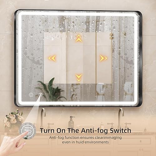 Miniatura 5 de Hasipu Espejo de baño LED de 40 × 30 con luz, marco de metal negro, espejos de baño para tocador, antiniebla, regulable, 3 colores