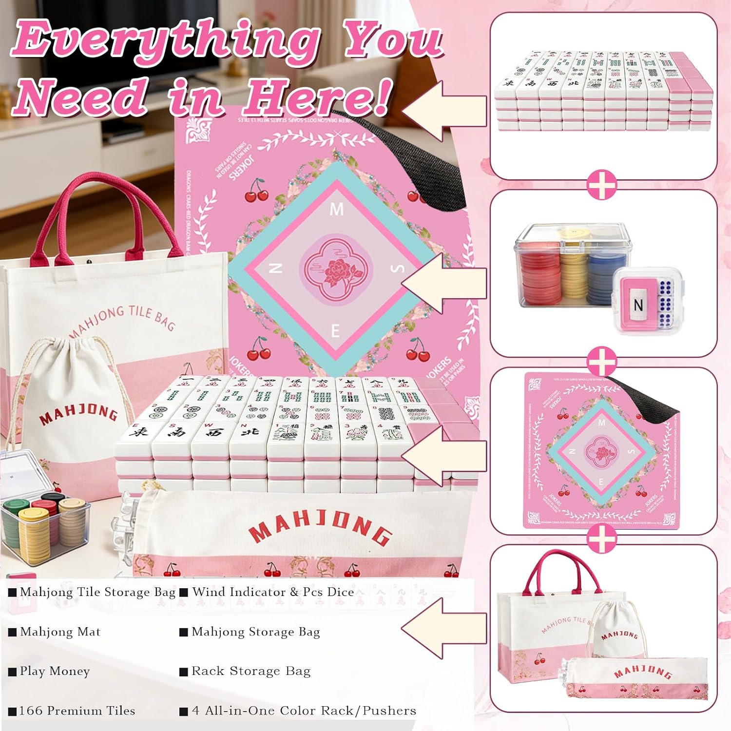 American Mahjong Tiles Set with Noise Reducing Mahjong Mat, 166 Pink Mahjong Game with Portable Storage Bags, 4 All-in-One Color Rack/Pushers, Scoring, Plastic Coins Dices for Adults & Beginners