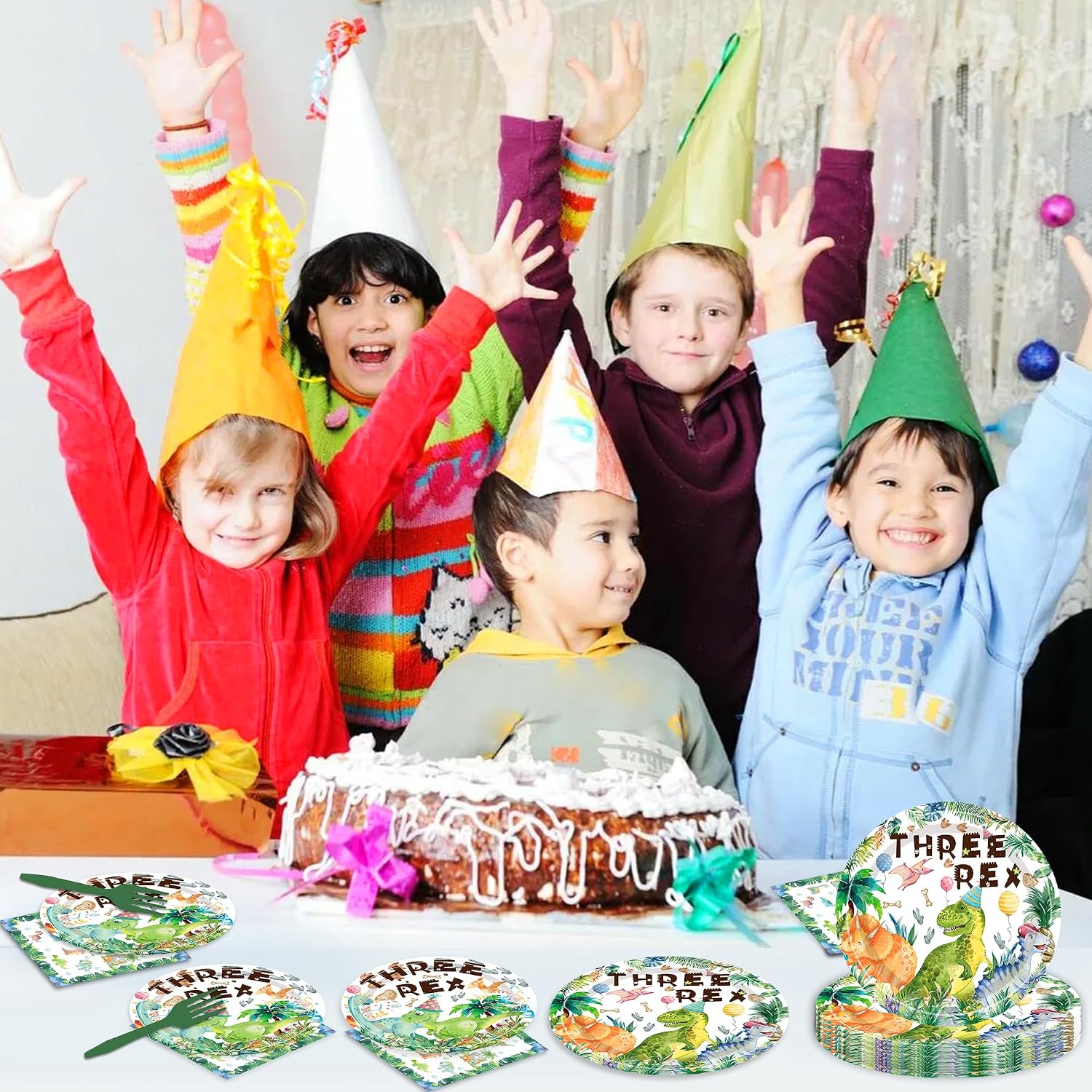 Three Rex Birthday Decorations Boy - 96 Pcs Dinosaur Plates 3rd Birthday Disposable Napkins and Forks Set for Party Decor, Three Rex Boy Party Decoration for 24 People