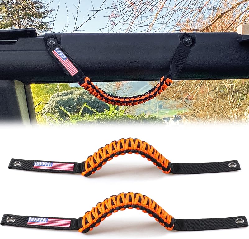 Alças de apoio para roll bar RERPRO com cordão paracord e bandeira americana para Ford Bronco 2 ou 4 portas 2021 a 2025 – Par com 2 unidades, laranja