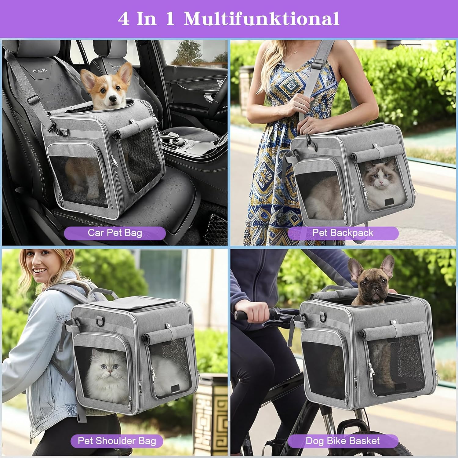Expandable Dog Bike Basket with Secure Mounting Bracket, Multi-Functional Foldable Pet Carrier Backpack for Small Dogs & Cats, Features Safety Buckle & 4 Mesh Ventilation Windows