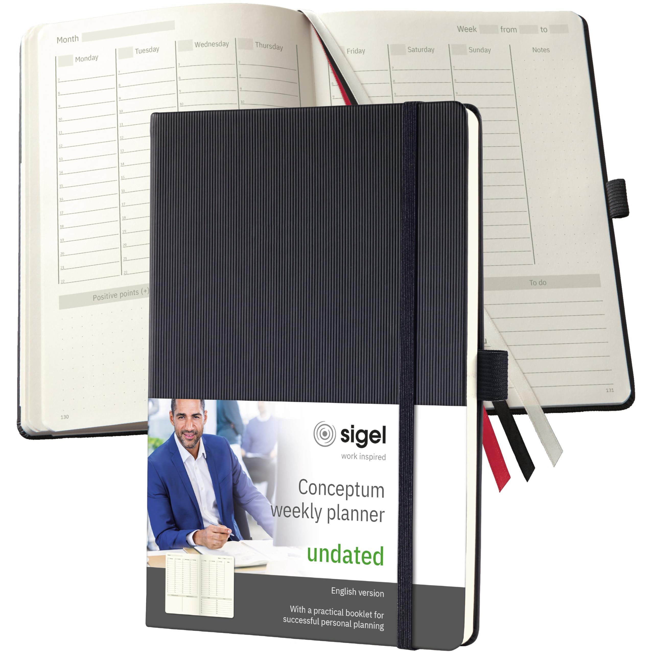 SIGEL CO701 Weekly planner, undated, in English, A5, hardcover, Black - Conceptum