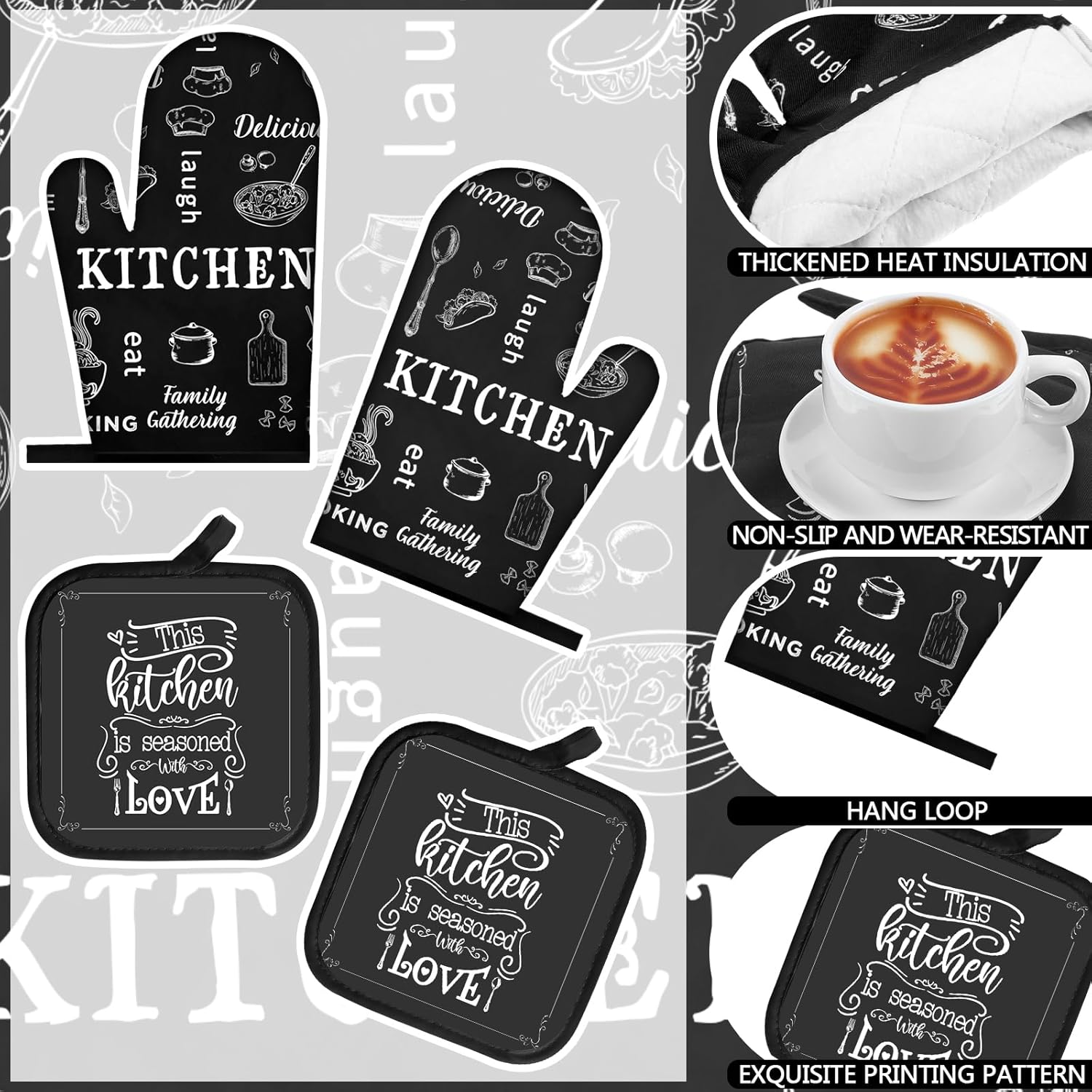 12 Pcs Farmhouse Kitchen Decor and Accessories Sets 4 Black and White Kitchen Towels 4 Absorbent Dishcloths 2 Pot Holders 2 Oven Mitts Gloves for Home Decor Mom Gifts - Image 4