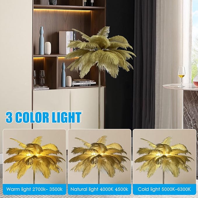 WEAFIEO WEAFIEO Staande lampen voor woonkamer, moderne luxe echte struisvogelhars veer vloerlamp, romantische prinses slaapkamer staande lamp voor slaapkamer/eetkamer/woonkamer met E14 lamp (160 cm) photo 2